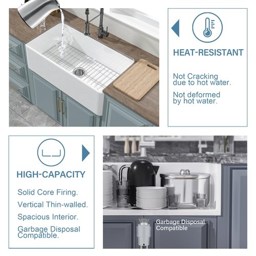 HOMLYLINK White Farmhouse Sink 33 x 18 Inch, Firecaly Apron Front Farm Sink, Heavy Duty, Large Capacity Single Bowl, with Accessories 2 Types, Undermount, Pure White, for Kitchen