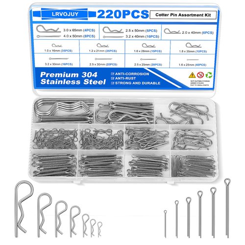 LRVOJUY 220PCS Cotter Pin Assortment Kit, 13 Sizes Premium 304 Stainless Steel Cotter Pins, Heavy Duty R Clips & Hairpin Cotter Pin Set, Hardware Pins for Automotive, Trailer, Hitch Pin Lock System
