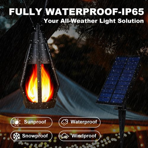 Solar String Lights Outdoor Waterproof, 20ft Outdoor Solar String Lights, Gazebo Lights, Solar Flame Lights with 10 Flickering Flame Bulbs for Outside Camping Backyard Garden Decor