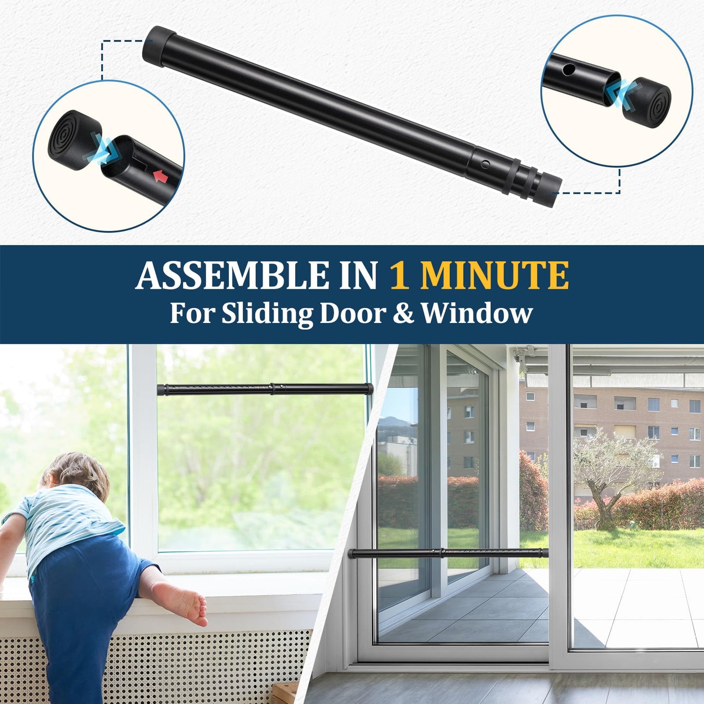 3-in-1 Door Security Bar, Heavy-Duty Metal Rod Sliding Patio Door Security Bar with 2.8" Non-Slip Base, 16"-41.7" Adjustable Door Barricade Security Bars for Doors & Windows,Home,Renters,Apartments