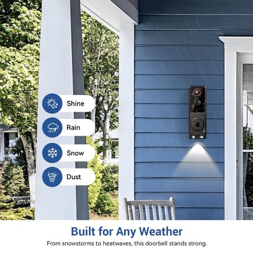 PyreQuad Video Doorbell Camera, 1080p, 2-Way Audio, Night Vision, AI Human Detection, Cloud Storage, Battery Powered, 2.4G Wi-Fi, Doorbell Receiver