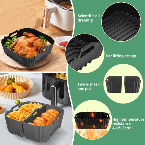 Air Fryer Silicone Liners Square for Ninja Air Fryer AF141 AF142 AF181 5-6.5QT, 3 Pack Reusable Silicone Pot Baking Accessories for Cosori 6QT, Instant, Chefman 5QT to 8QT AirFryer, 2 In 1 Liners