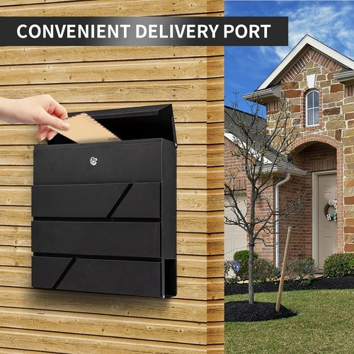 Yoocabinet Mailbox Wall Mount,Large Capacity Locking Mailbox for Outside,Galvanized Steel Cover and Rust-Proof Metal Post Box with Newspaper Holder,14.6"x14.6"x4.3" Black,MD025B