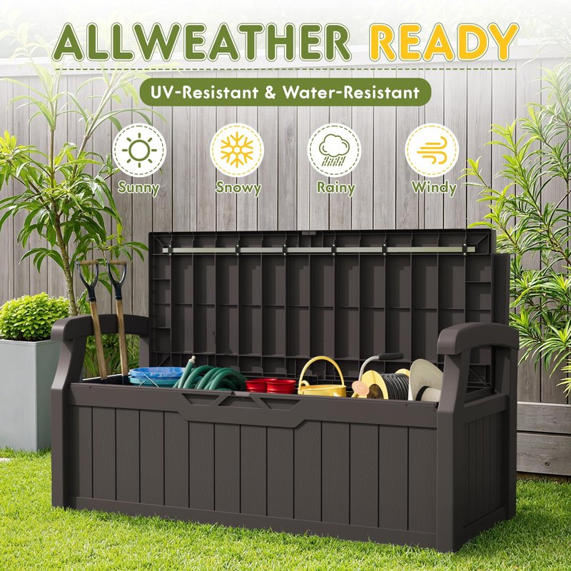 Greesum 80 Gallon Storage Bench Outdoor Deck Box with Armrest, Patio Furniture,Lockable, Waterproof and UV Resistant, Suitable for Garden, Pool, Brown