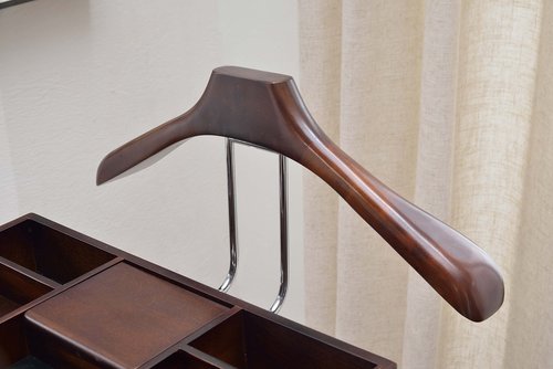 Proman Products - Crescent Moon Valet, Mens Valet Stand with Drawer, Top Tray, Contour Hanger, Trouser Bar, Belt Hooks & Shoe Rack, Accessory & Clothes Organizer (Mahogany)