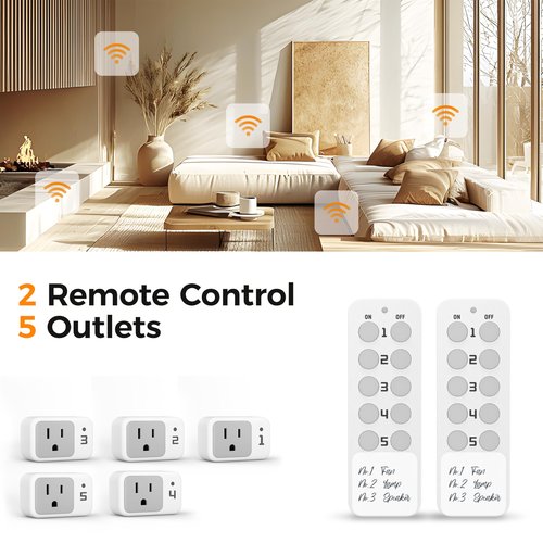 Wireless Remote Control Outlet, TESSAN Electrical Wall Plug with ON/Off Light Switch for Indoor String Lights, Lamps, Home Appliances, 100ft Range (2 Remotes + 5 Outlets)