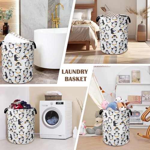 Cute Baby Penguins Laundry Basket,Collapsible Laundry Baskets with Handles,Waterproof Oxford Cloth Storage Basket 16"x20" for Bathroom/Bedroom/Dormitories