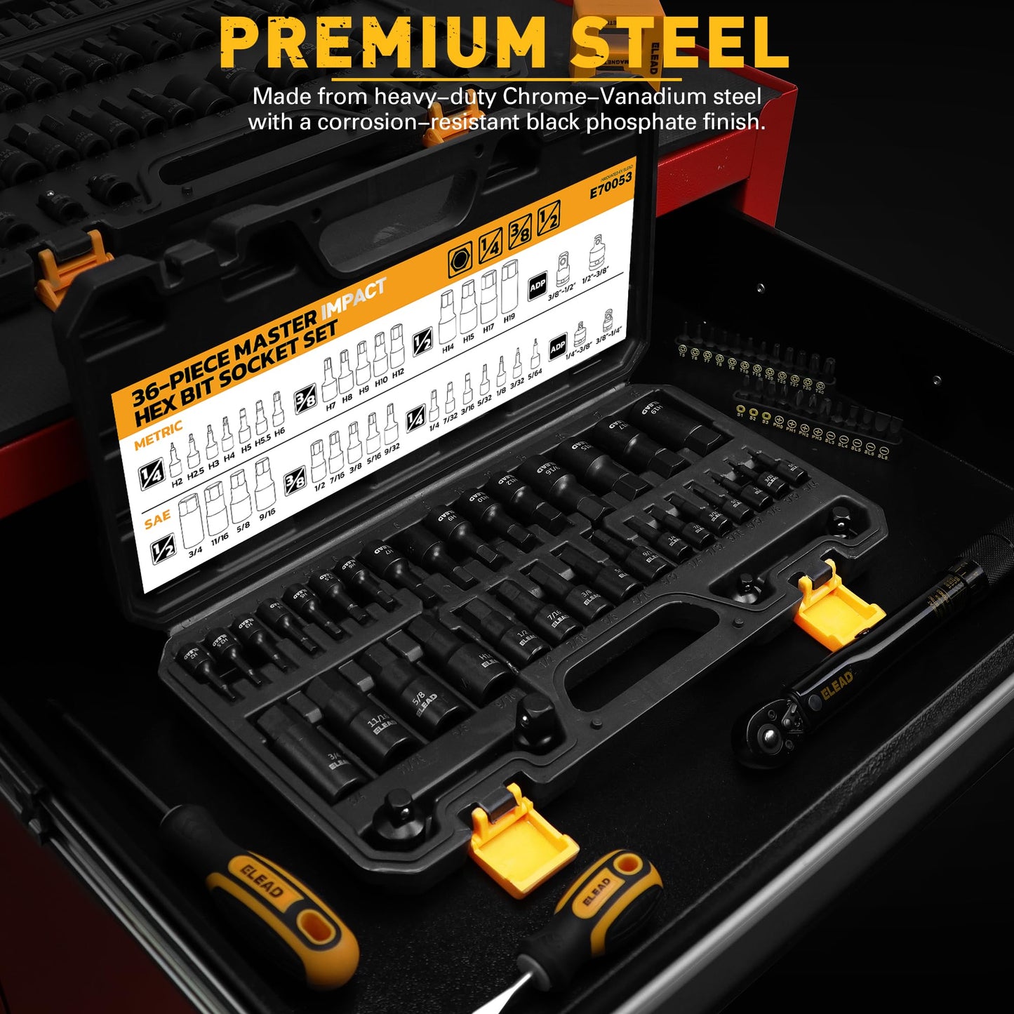 Hex Bit Impact Socket Set: 36-Piece with 4 Adapters, 1/4", 3/8", 1/2"Drive Master Allen Socket Set, Cr-V Steel, SAE and Metric, H5-H19 & 3/4"-5/64", Reinforced Storage Case, Automotive Mechanic