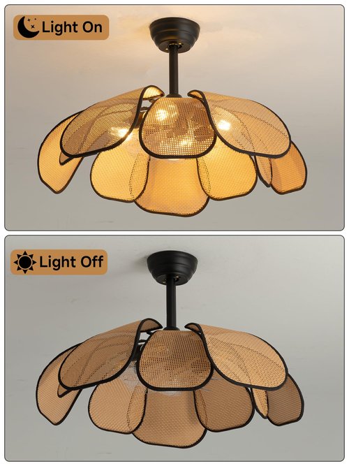 DARYEWO 26 Inch Fandelier Rattan Ceiling Fans with Lights and Remote,Boho Black Chandelier Ceiling Fan for Dining Living Room,Bedroom,Kitchen,4-Light