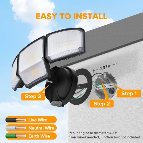 LUTEC 80W Dusk to Dawn Flood Lights Outdoor, 9000LM Super Bright LED Security Light with Photocell, IP65 Waterproof, 5000K Daylight, Hardwired 4 Heads Floodlight for Garage, Yard (Black)