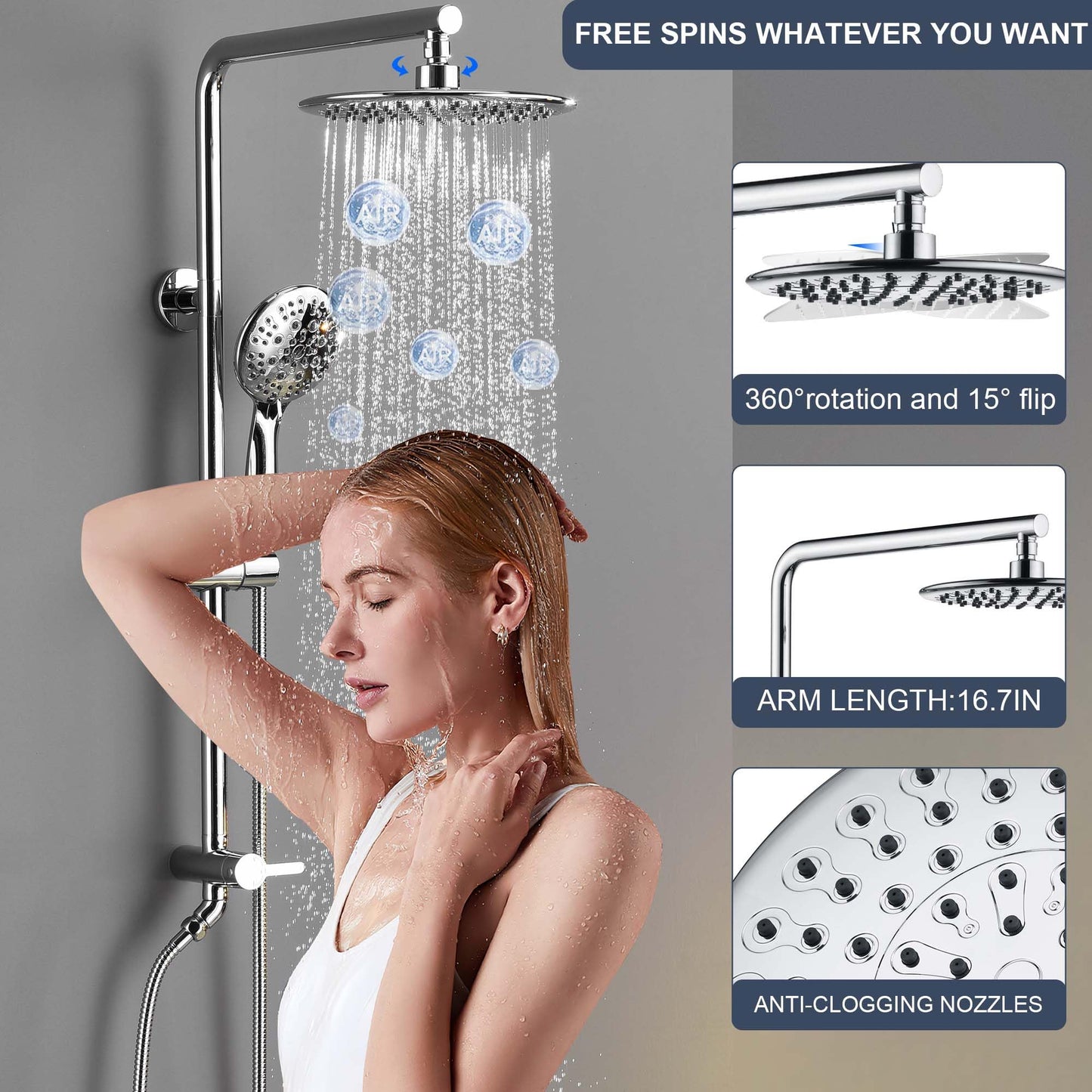 SonTiy 9" Shower Head with Handheld Spray, Rain Shower Heads System, 5 Spray Mode Handheld, Modern Shower System with Easy Reach Diverter, 72'' Hose and Height Adjustable Holder, Chrome