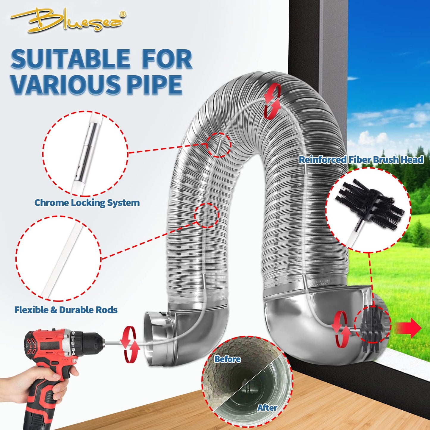 Bluesea 7 Pieces 30 Feet Dryer Vent Cleaner Kit, Reinforced Nylon Dryer Vent Cleaning Kit, Durable Dryer Vent Brush Vacuum Attachment with Flexible Lint Trap Brush, Vacuum & Dryer Adapters