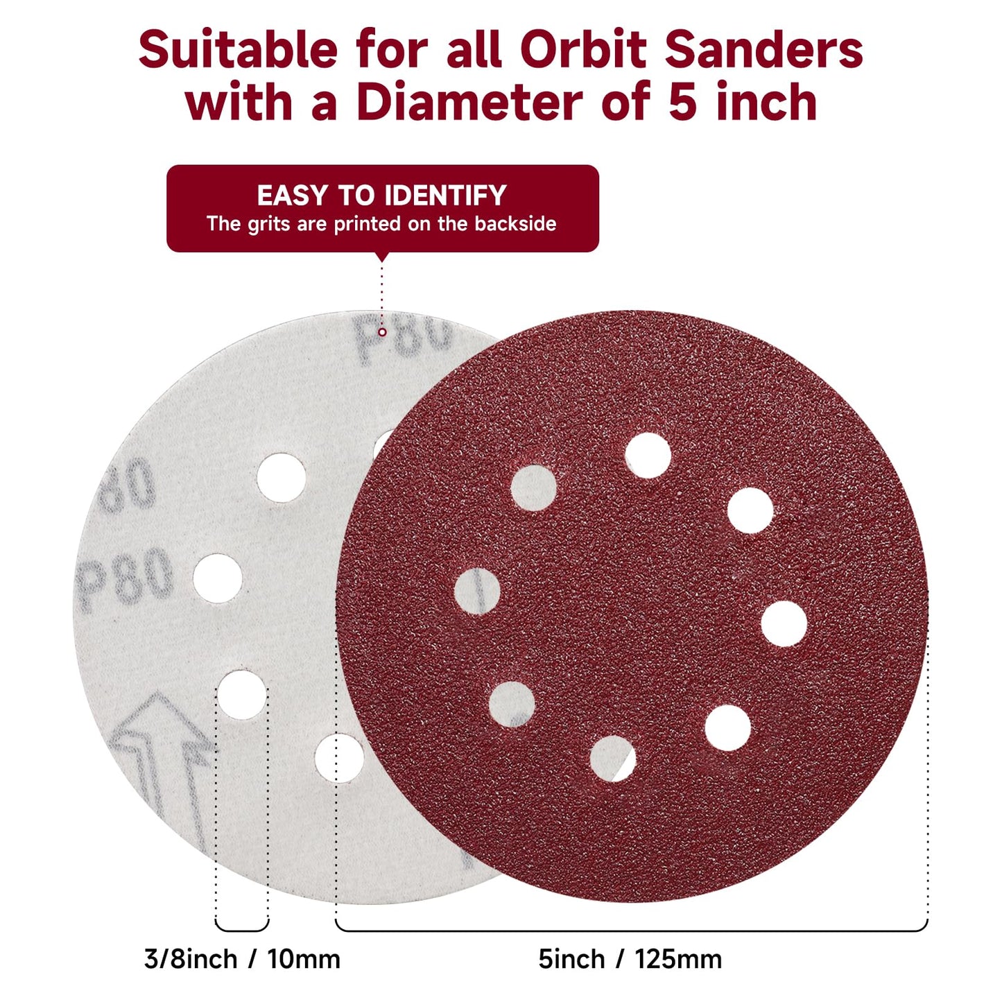 POTUINOM 100 PCS 5 Inch Sanding Discs 240 Grit, Round Hook and Loop Sandpaper for Random Orbital Sander