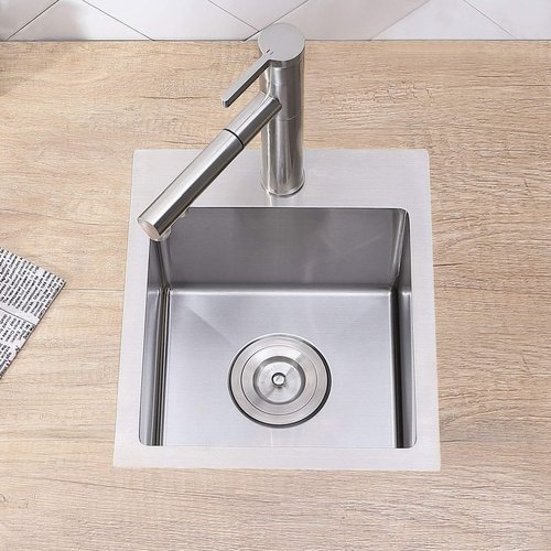 VCCUCINE Drop in Bar Sink, 15x15 Inch Topmount RV Small Kitchen Sink, Handmade Stainless Steel Wet Bar Sink, Outdoor Single Bowl, Brushed Nickel Prep Sink with Accessories