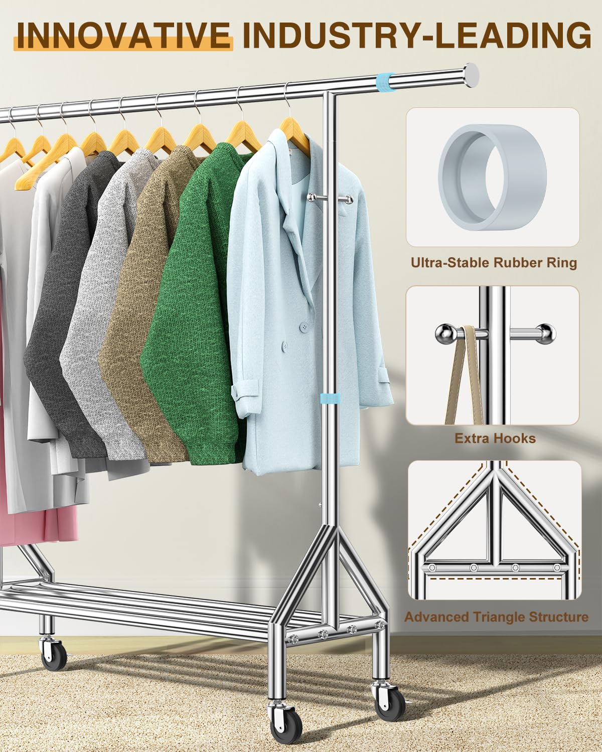Upgraded 100% Stainless Steel Clothing Rack Load 760LBS, Heavy Duty Clothes Racks with Larger & Sturdy Wheel, Extendable & Adjustable Rolling Garment with Shelves for Hanging Portable Closet Rack