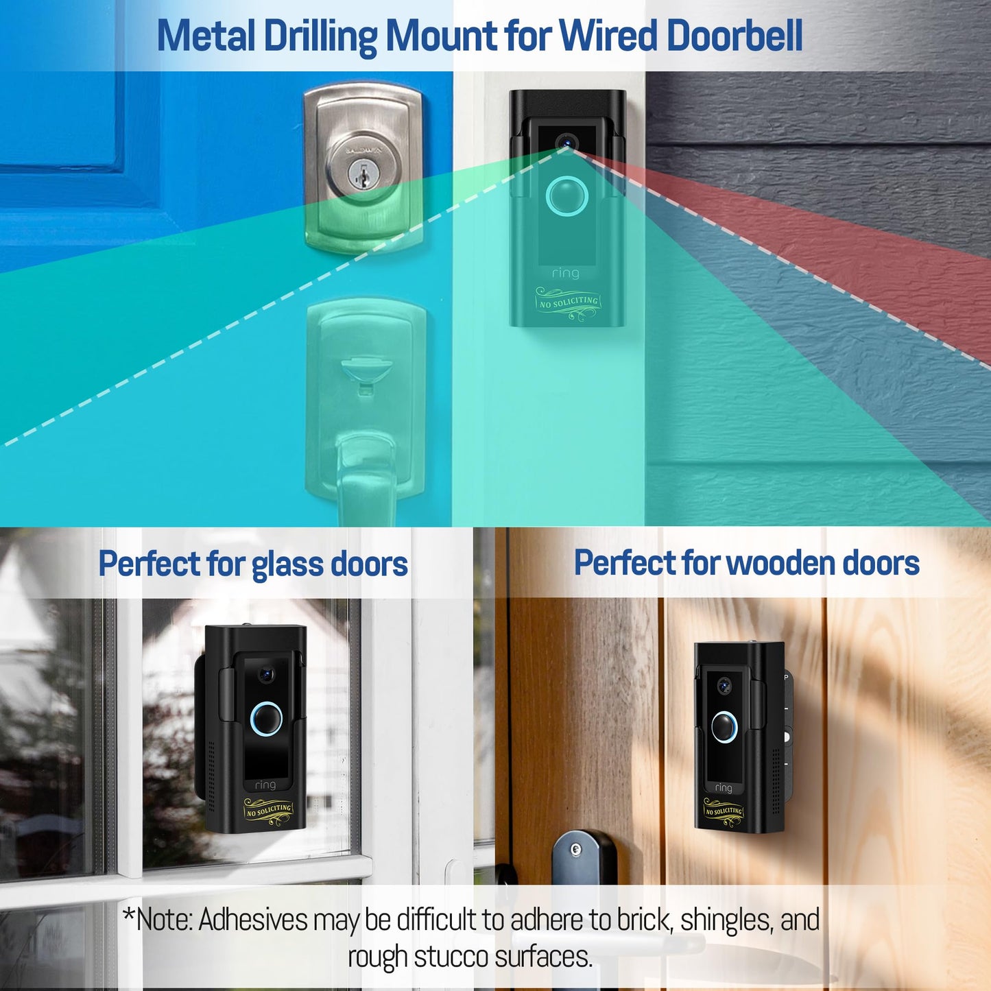 Adjustable Ring Doorbell Angle Mount - All Metal Ring Corner Mount Kit - Ring Doorbell Holder Swivel Mounting Bracket for Brick Wall Drilling & No Drill Adhesive Installation