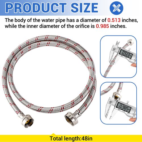 Yejesiy 4 Ft Washing Machine Hoses, 2 Packs Premium Stainless Steel Washer Hoses Burst Proof, Hot and Cold Striped Water Supply Hoses with 3/4'' Standard Interface fit for ALL Washer