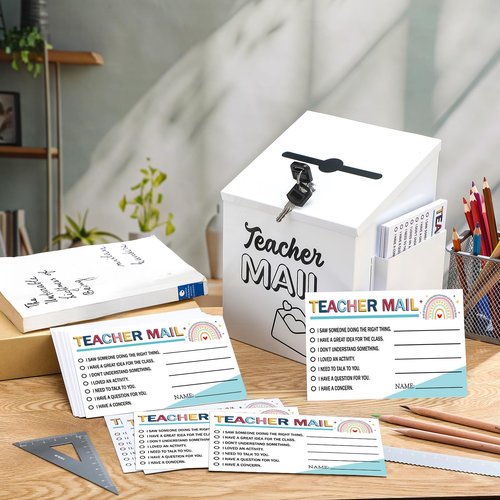Dunzoom Teacher Mailbox Set Include 8.2x6.2x5.5 Inch White Metal Classroom Mailbox with Lock and 50 Cards for School Classroom Teacher Student Social Emotional Learning