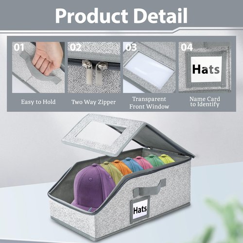 ZANAUWEKED 3 PCS Stackable Hat Storage for Baseball Caps，Hat Box Hold up to 36 Cap Box Organizer for Closet，Baseball Cap Storage with Zippered Lid Dustproof Sturdy Case for Men Women with Cardboard