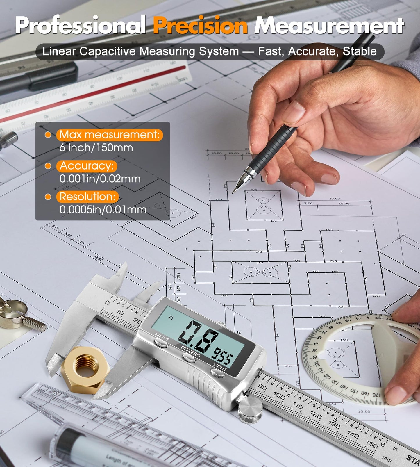 LuxBlue Digital Calipers Measuring Tool 6 Inch | Rechargeable Digital Vernier Caliper with Backlit LCD Screen, Auto-Off | Inch/MM/Fraction Easy Conversion, Stainless Steel Electronic Caliper for DIY