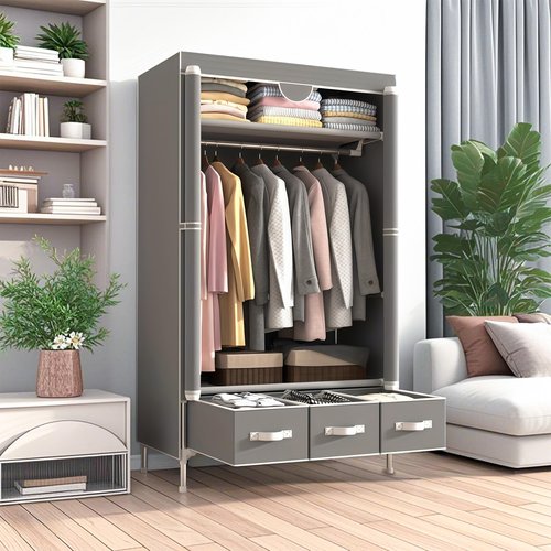 Portable Oxford Fabric Wardrobe | Light Grey Storage Organizer with Hanging Rod, Shelves & 3 Drawers | Waterproof, Dustproof, Space-Saving Design No-Tool Assembly - 35.4 x 17.7 x 67 ‘’