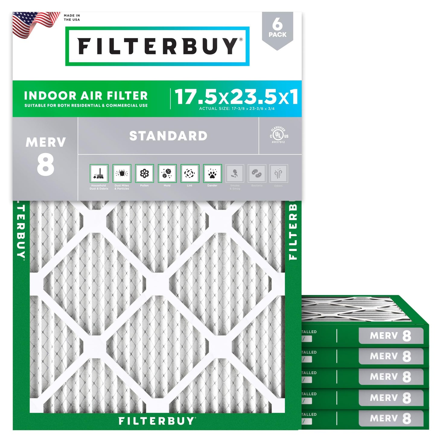 Filterbuy 17.5x23.5x1 Air Filter MERV 8 Essential Dust & Allergy Defense (6-Pack), Electrostatic Pleated HVAC AC Furnace Filters Replacement, Made in USA (Actual Size: 17.38 x 23.38 x 0.75)