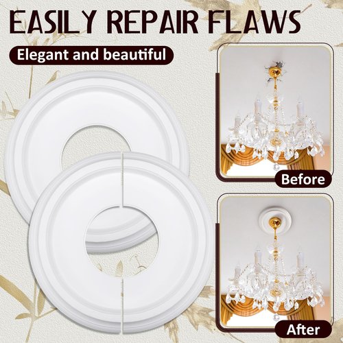 Retisee 4 Pack Split Ceiling Medallion for Light Fixtures Ceiling Light Medallion Round PU Fan Light Cover for Chandelier Pendant, 9.84" OD x 3.8" ID, 0.98'' Thick(White)