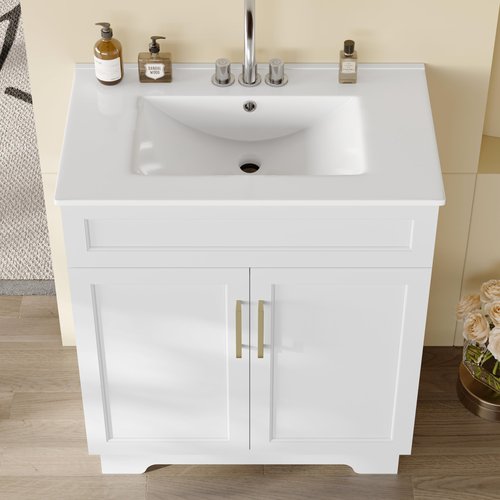 OLD CAPTAIN Bathroom Vanity with Ceramic Sink, 30" Freestanding Quick Assembly Bathroom Vanity Cabinet with Storage, White