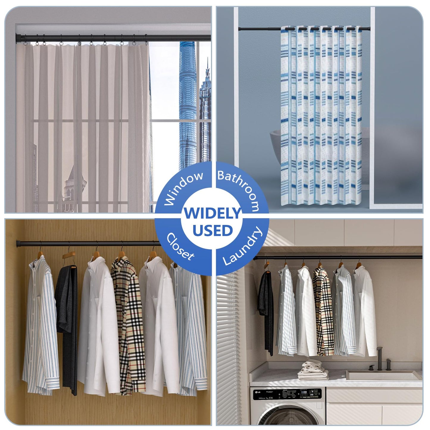 SUTINE Closet Rods for Hanging Clothes, 17 to 53 Inch Closet Rod, Heavy Duty Adjustable Clothes Hanging Bar Rod Matte Black Closet Poles for Wardrobes, Closet, Bathroom, Windows,1.3 Inch Diameter