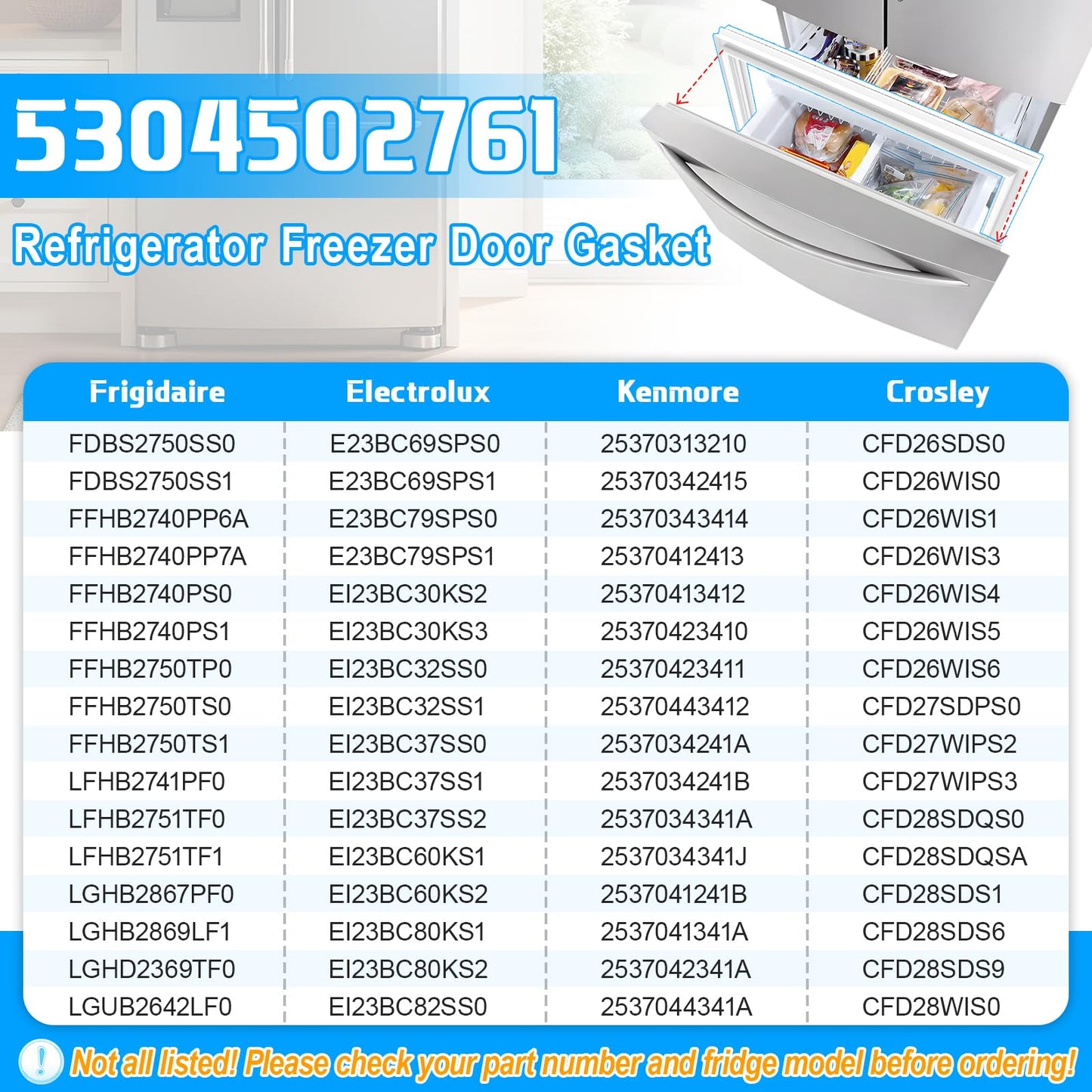 UPGRADED 5304502761 Freezer Door Gasket Compatible with Frigidaire Freezer Door Gasket FGHB2844LF6 LGHB2869TF3 241778308 Refrigerator Freezer Door Gasket For Kenmore Freezer Door Gasket