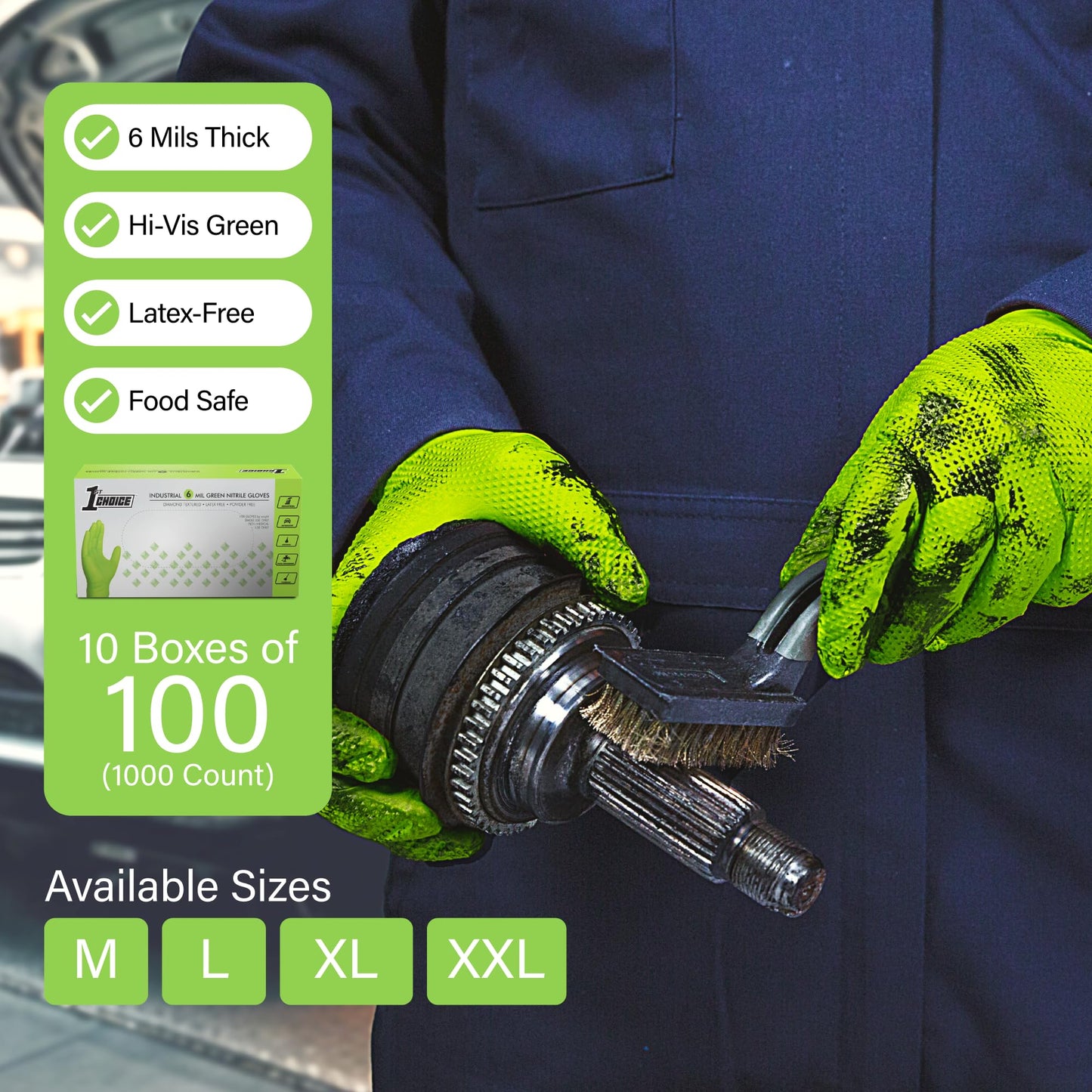 1st Choice 6 mil Green Gloves, Disposable, Latex Free, Raised Diamond Grip, Mechanic Glove for Men, Large, Case of 1000