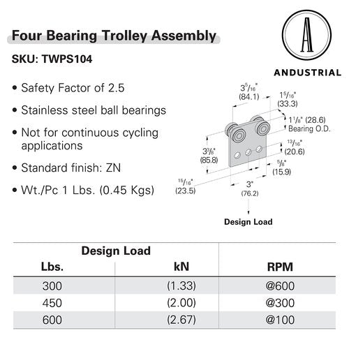 ANDUSTRIAL - 4 Bearing Trolley Assembly Roller - Silver Finish: Electro-Galvanized Zinc - Fits 1-5/8" Wide and All Taller Strut Channels - Design Load: 600 Lbs - 1 Pc
