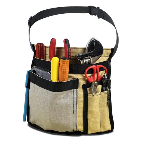 5-Pocket Utility Tool Belt Pouch for Men and Women, Adjustable Canvas Waist Belt Bag for Electrician Maintenance Gardening Carpentry, Durable Multi Work Apron for Tools & Accessories (Gray+Yellow)