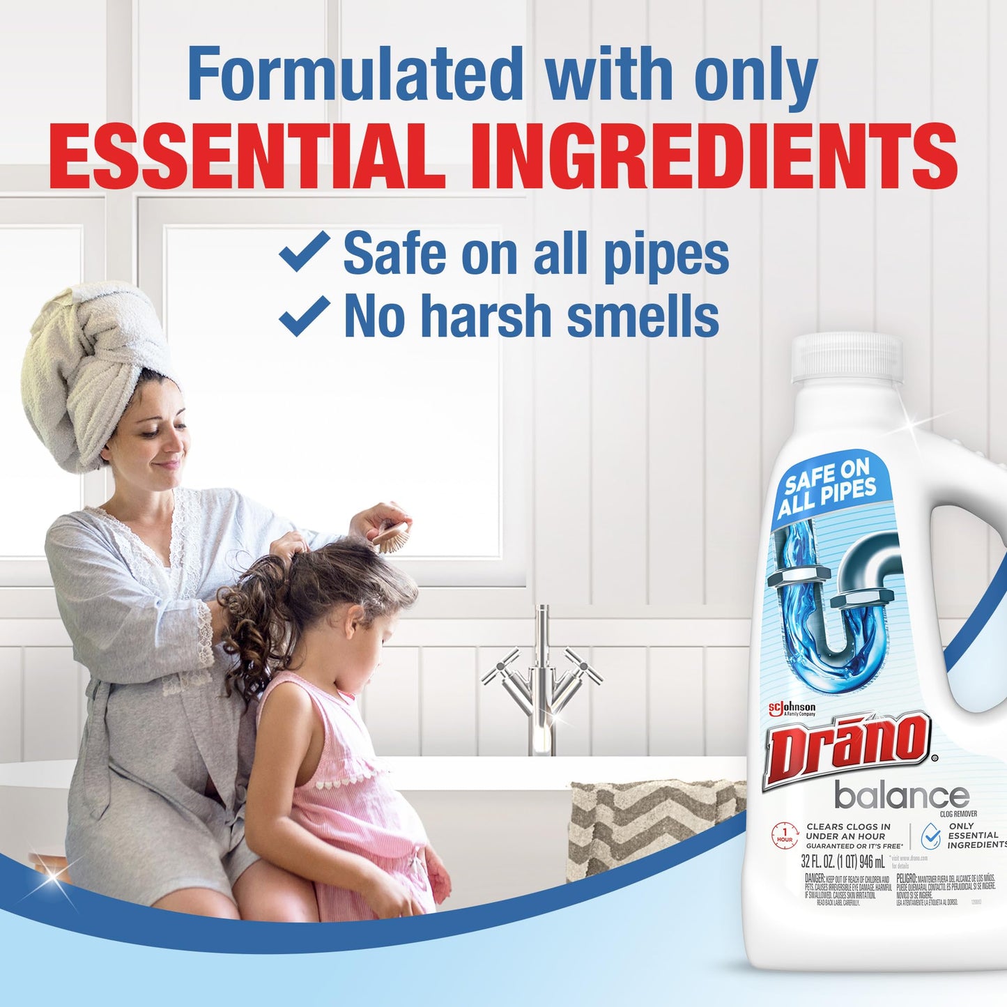 Drano Balance Drain Clog Remover and Cleaner, Non-Corrosive Formula, Safe on All Pipes and Septic Tanks, Formulated Using Only Essential Ingredients, 32 Fl Oz