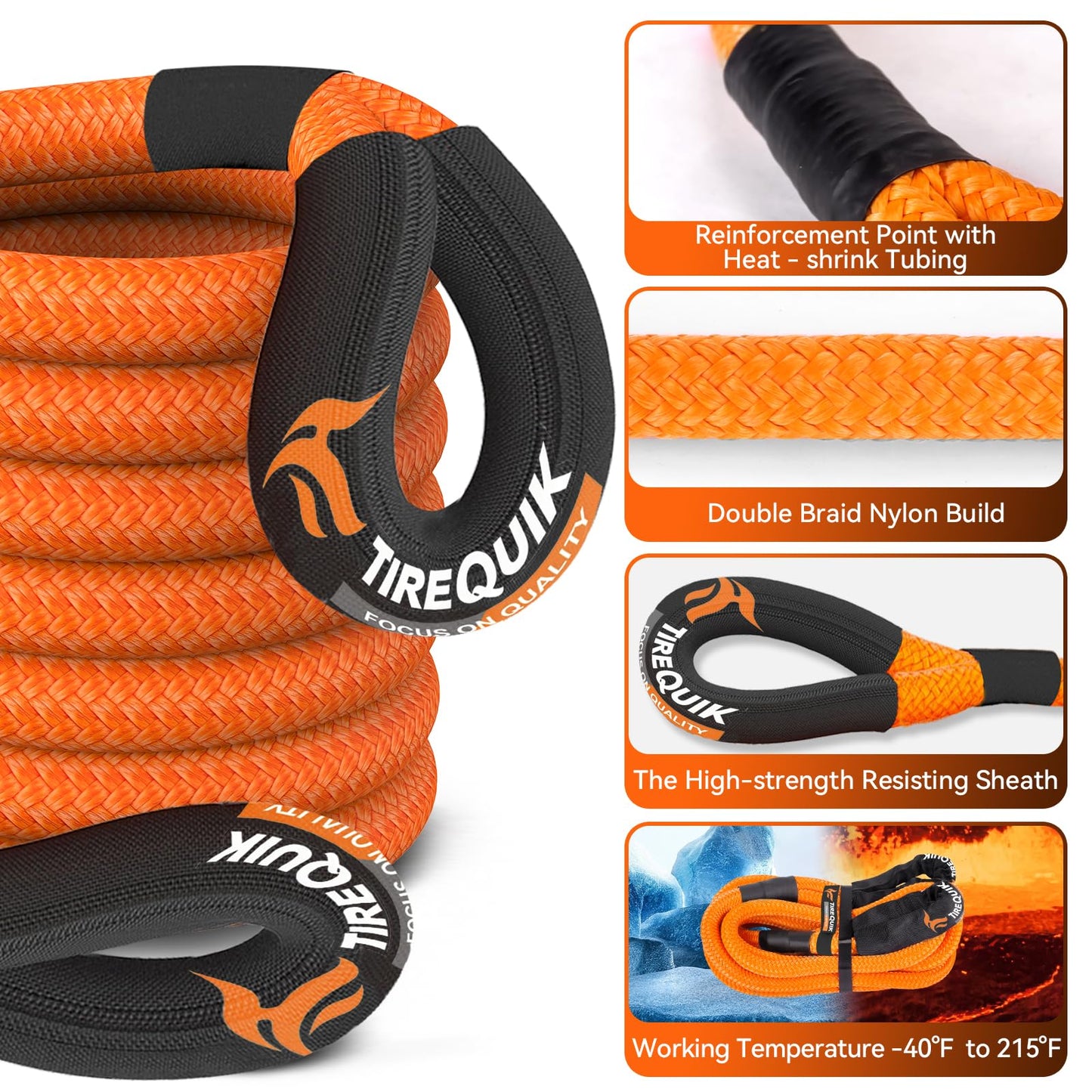 TireQuik Kinetic Recovery Rope 1.26" x 30ft 55000lbs Heavy Duty Offroad Snatch Strap with 2 Soft Shackles, Kinetic Tow Rope Recovery Kit, 35% Elasticity Tow Ropes for Trucks SUV UTV ATV Tractor