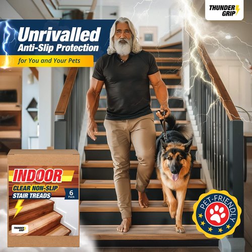 Clear Stair Treads Non-Slip 30"x8" - 6-Pack Indoor Stair Grips Non Slip for Wooden Steps - Anti Slip Adhesive Strips for Dogs & Elderly - Staircase Step Treads - Transparent Treads for Wood Stairs