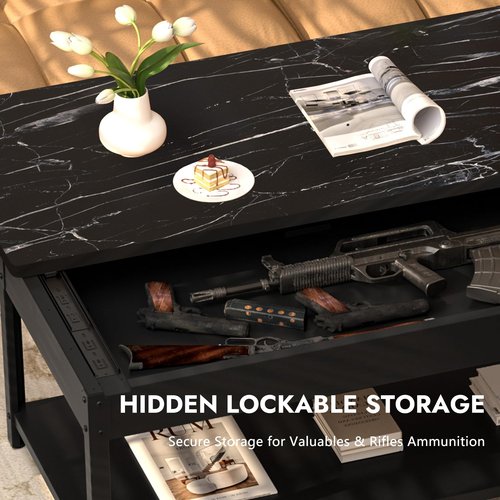 Gun Safe with Biometric Lock, Biometric Fingerprint Gun Safe for Rifles and Pistols, Hidden Gun Storage for Jewelry Money Rifles Pistols and Ammo, Use as Coffe Table (Black Marble Wood)