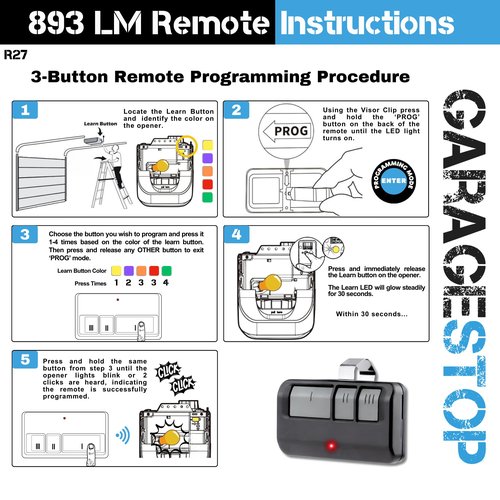 Garage Stop 2X for 893LM 893Max 891LM 371LM 373LM 971LM 973LM LiftMaster Craftsman Chamberlain Garage Door Remote, for 5 Learn Button, Garage Door Opener Remote