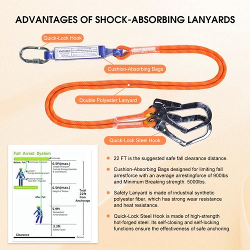 WHITEDEW Fall Protection Premium Safety Harness with Shock Absorbing Lanyard, Vented & Padded Shoulder, Legs & Back - Upgrade 4 Quick Buckles (Orange)