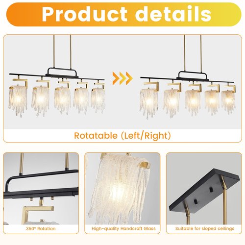 Dining Room Light Fixture/Chandelier Over Table, Modern 5-Light Black and Gold Pendant Lights Kitchen Island, Farmhouse Ceiling Pendant Light Fixtures, Hanging Linear Chandeliers, with Glass Shade