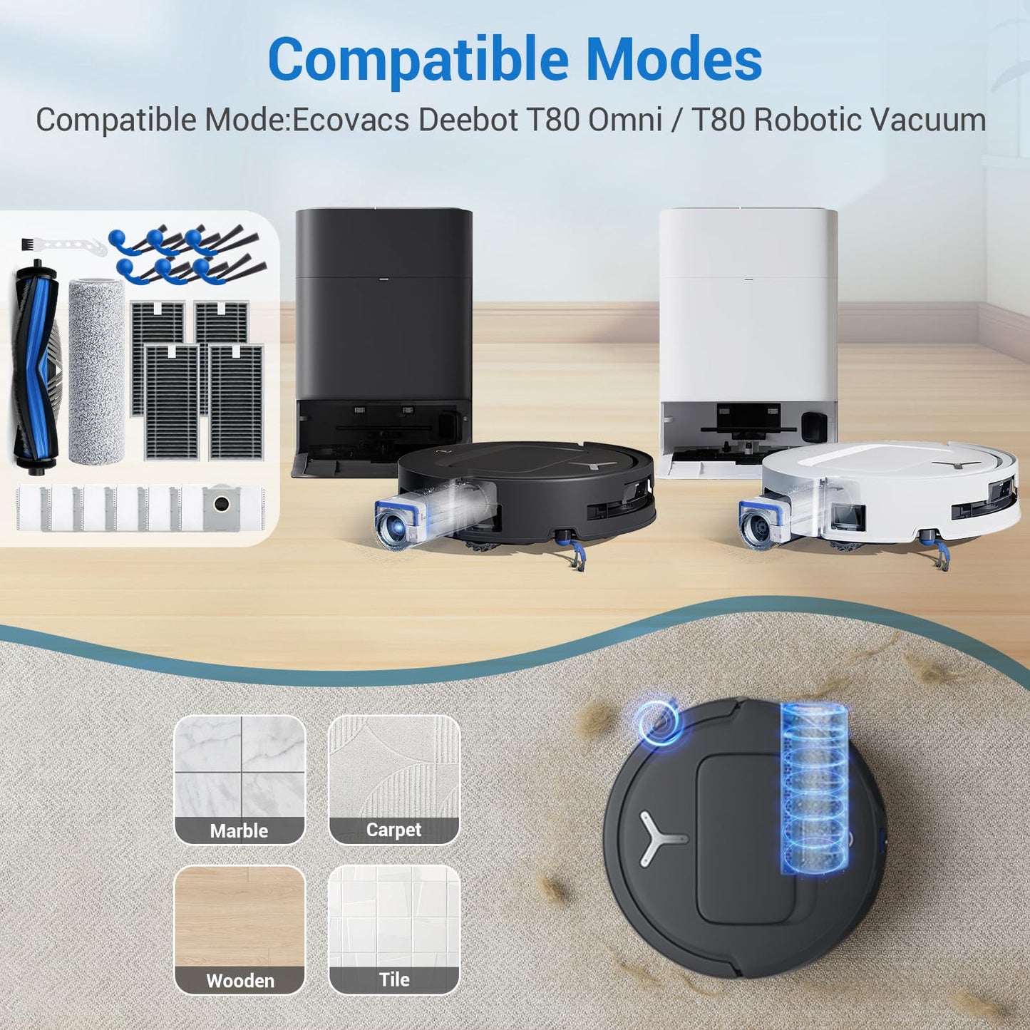 Bluevisk T80 Omni Replacement Parts for Ecovacs Deebot T80 Omni T80 Robotic Vacuum Cleaner Parts with 1 Roller Brush, 1 Mop, 4 HEAP, 6 Dust Bags, 6 Side Brushes, 1 Clean Brush Accessories