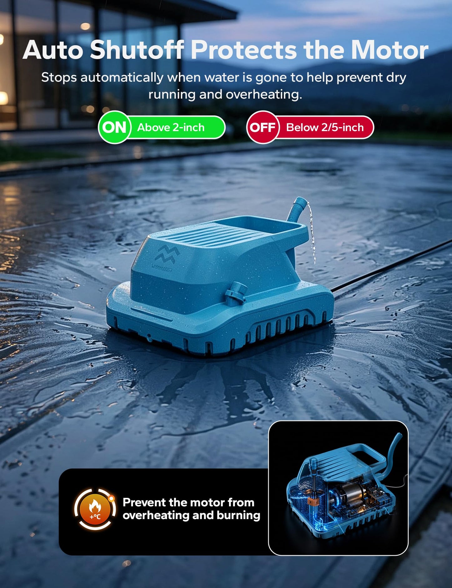 Voeer Pool Cover Pump with Built-in Nozzle, 950 GPH Automatic Submersible Pump, 25ft Cord, Hose Connection Supported, Water Level Indicator, Low-Profile Design, 110W Motor, Waterproof Design