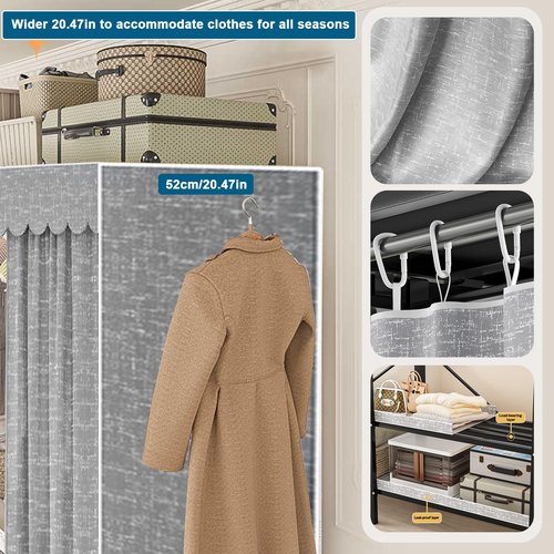 FPIGSHS Heavy Duty Clothes Rack with Cover Foldable Covered Clothes Rack for Hanging Clothes portable Wardrobe Closet System Freestanding Coat Storage Garment Racks for bedroom (grey, 95in)
