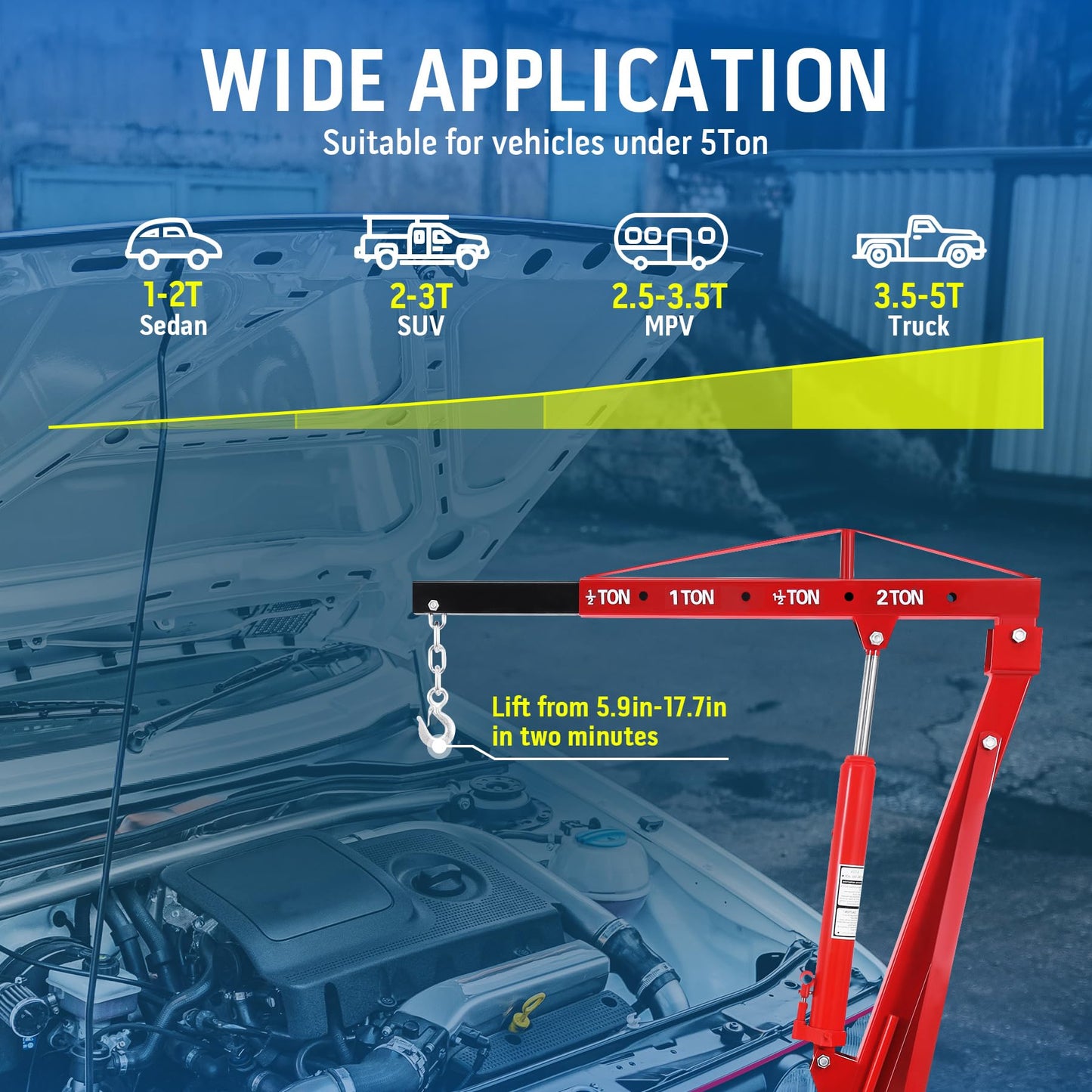 H-YEEU Hydraulic Engine Crane Hoist, 2 Ton Folding Motor Hoist Cherry Picker Heavy Duty Steel 4400lbs Lifting with 6 Casters for Garage Workshop(Red)