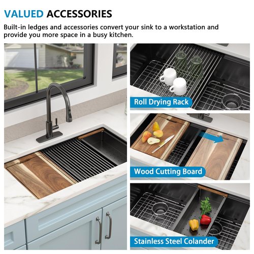 Fulorni 36"x19" Undermount Double Bowl Kitchen Sink Workstation - Gunmetal Black NANO-PVD, 16 Gauge 304 Stainless Steel, Under Counter Low Divide 50/50 Split Basin for Kitchen