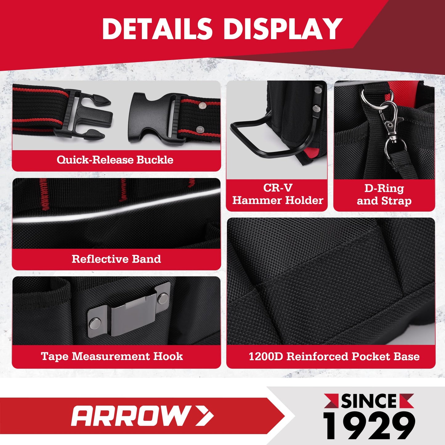ARROW Tool Belt Heavy-Duty, Electrician Tool Pouch with 10 Pockets, 840D Oxford Fabric, Utility Belt with Hammer Holder, Adjustable Tool Belts for Men Women Electrician Carpenter, Construction