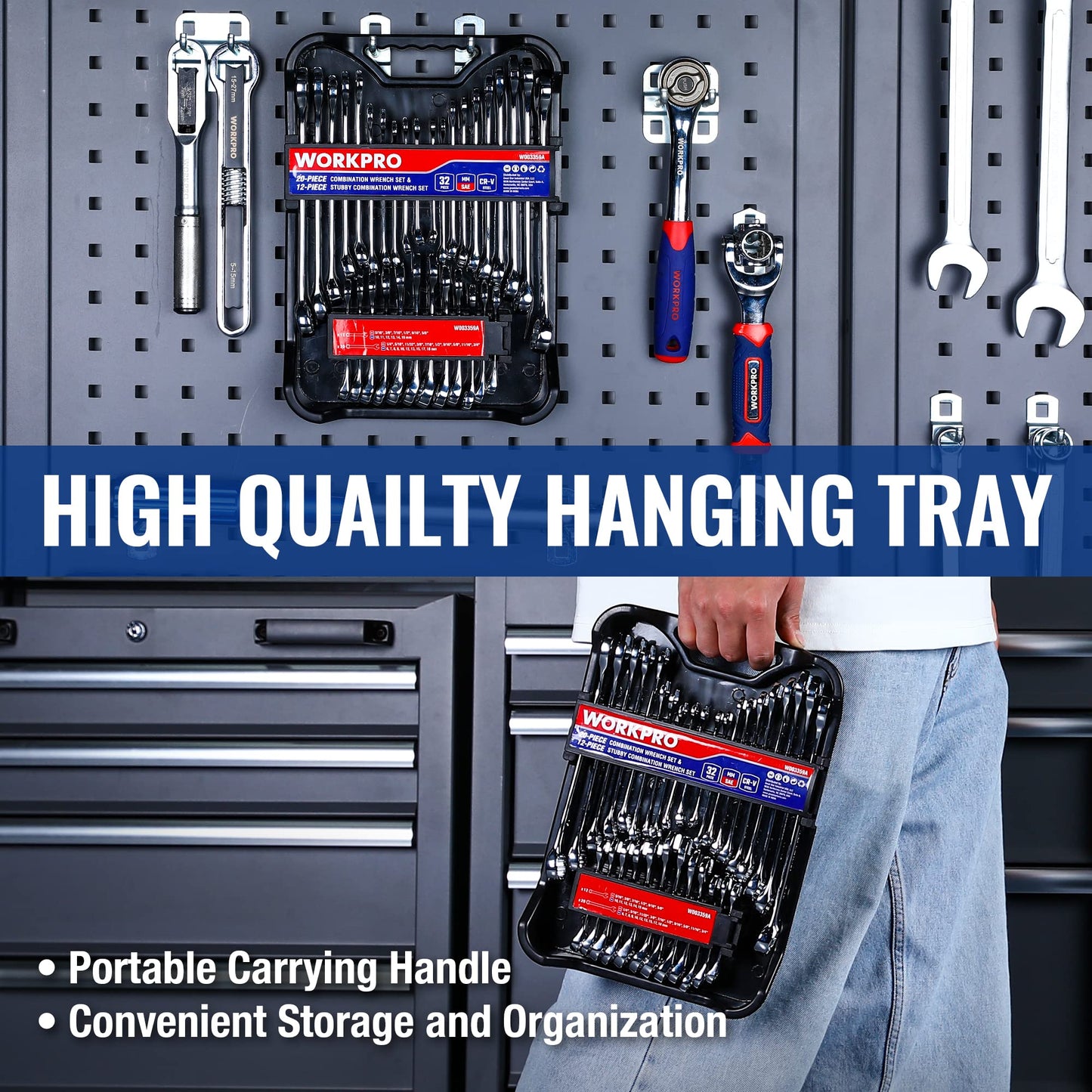 WORKPRO 32-Piece SAE & Metric Combination Wrenches Set, 20-Piece Standard wrenches and 12-Piece Stubby Wrenches with Organizer Tray, Cr-V Steel Mirror Chrome Polished