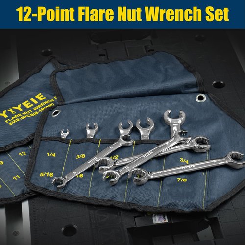 YIYEIE 11-Piece Flare Nut Wrench Set, Metric & SAE, 12-Point Line Wrench Set for Brake, Fuel and Tubing, CR-V Steel, 8mm-19mm & 1/4"-7/8"