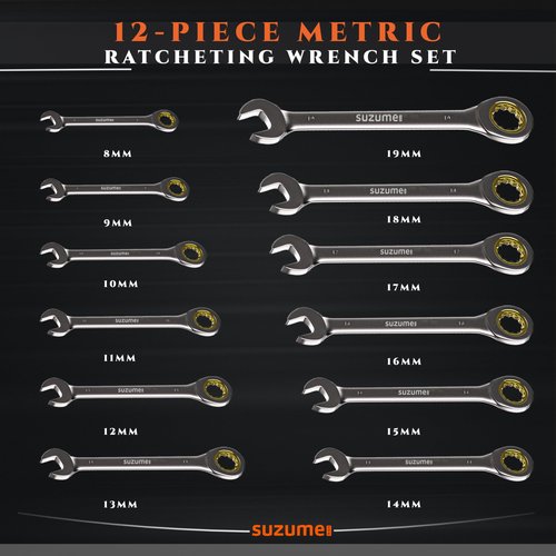 SUZUME 12-Piece Metric Ratcheting Wrench Set (8-19mm) 72T Cr-V 15K+ Cycle Locked Gears Nickel Plated & Organizer for Tight Engine Bays Auto Truck Motorcycle Bike Repair