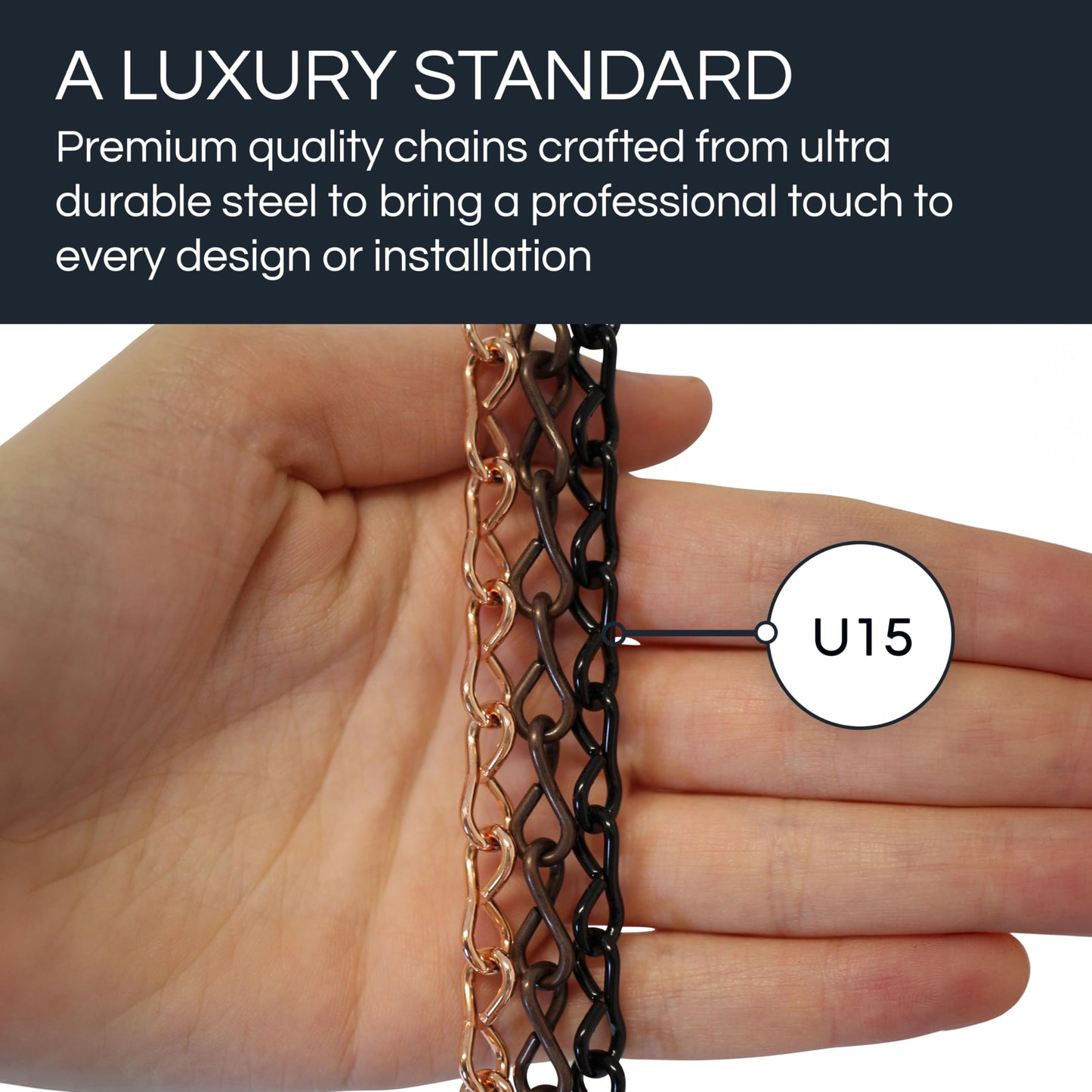 RCH Hardware CH-S50-16-BLK-3 | 14 Gauge Decorative Solid Steel Single Jack Fixture Chain | 3 Foot Increments | Black Finish